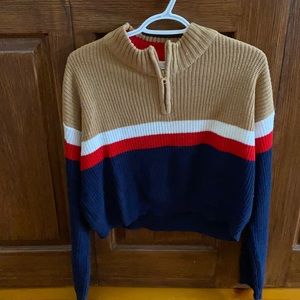 Cropped Half Zip Wool Stripped Sweater